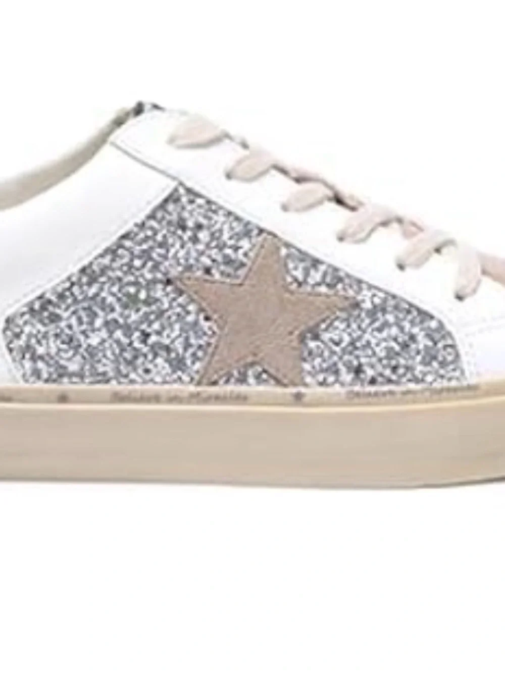 White Sneakers with Silver Glitter Panel and Beige Star Accent